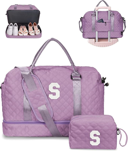 Personalized Initial Duffle Bag - Overnight Weekender with Shoe Compartment & Monogram Travel Bag - Friend Gift (Letter S)