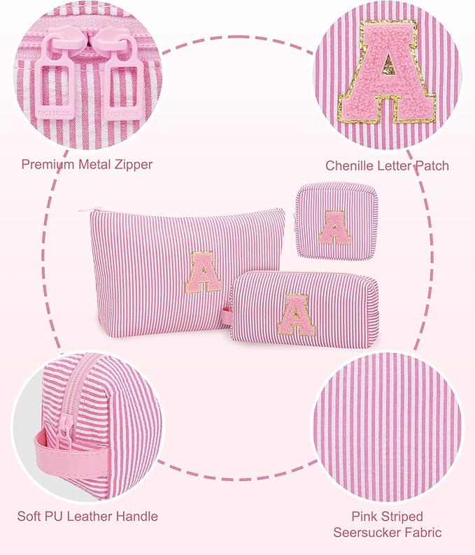 MONSTINA Personalized Initial Makeup Bag for Women,Monogram Make Up Case for Girlfriend Bridesmaid Wife,Birthday Gift for Her Cute Toiletry Bag,3PCS,Pink J
