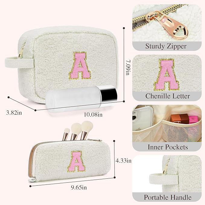 for Valentines Day Gifts, Travel Makeup Bag for Women, Initial Make Up Bag Set for 6 7 8 9 10 11 12 13 Years Old Kids Tween Girls, Large Cosmetic Skincare Bags for Birthday Gifts, White R