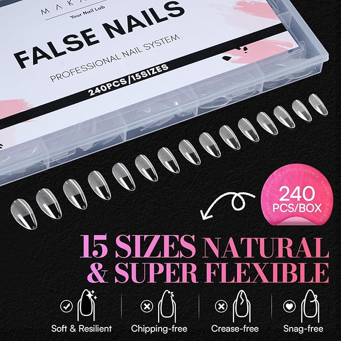 Makartt Medium Almond Nail Tips: 240PCS, 15 Sizes, Half Matte, Clear Fake Nails Stiletto Shapes - Full Cover Soft Acrylic Press On Nail Extensions for Flat Natural Nail Beds Salon and Home DIY