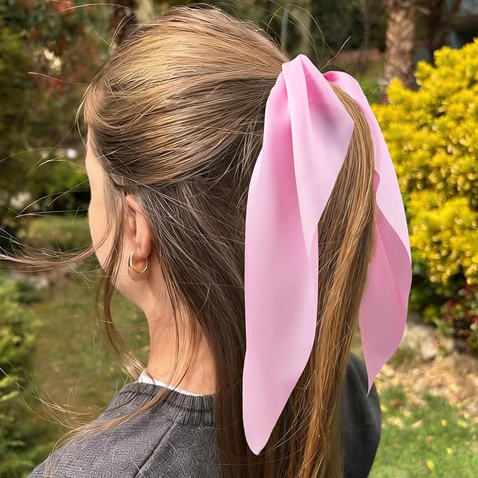 YALOJE 2PCS Scarf Scrunchies with Long Tails, Elastic Silky Satin Bow Hair Ties for Women, Ribbon Hair Scarf Scrunchy, Ponytail Holders Hairstyling Decoration for Women -Pink