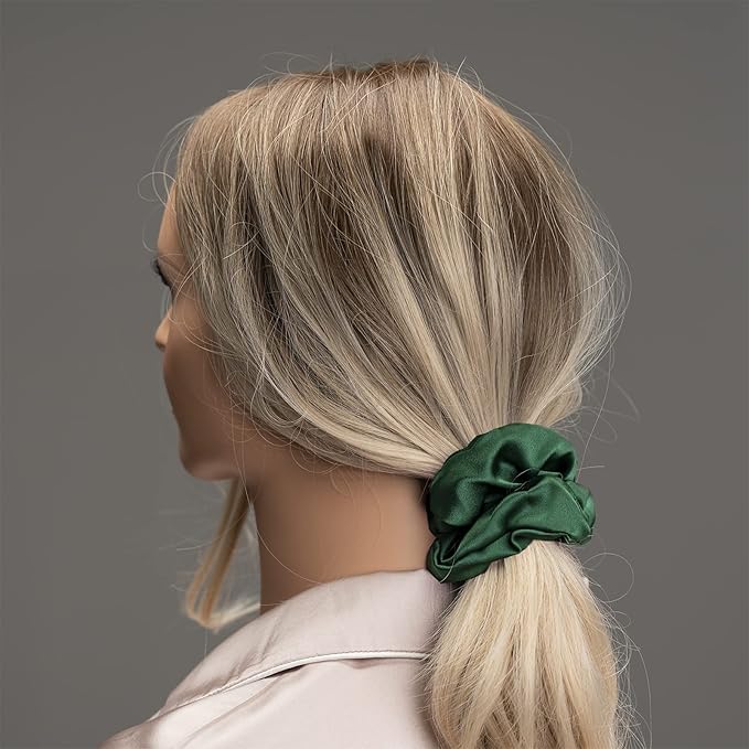 Silk Scrunchies for Hair 100% Mulberry Silk Hair Ties 3 Pack(White, Peacock Blue, Emerald)