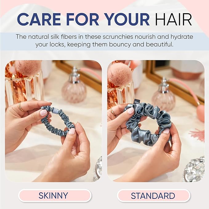 Blissy Silk Scrunchies (3 Pack) - 100% Pure Mulberry Silk - 22 Momme 6A High-Grade Fibers Scrunchie for Straight & Curly Hair - Preventing Breakage, Tangling, & Creasing (Ash Blue Regular)