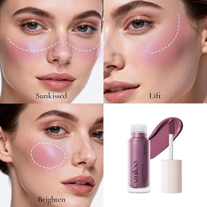 Exmiloo Liquid Blush for Cheeks, Lightweight Liquid Blush with Luminous Glow Sheer Finish, Blendable & Buildable Cool Toned Blush, Vegan & Cruelty-Free, Berry Glow