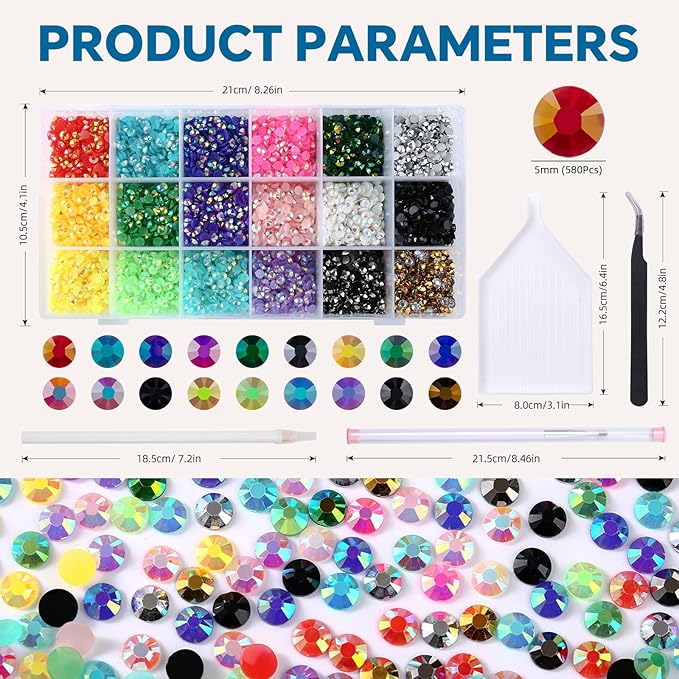 10588Pcs 5mm Jelly Rhinestones Kit- Resin Mixed Color Rhinestones for Nail Clothes Shoes Tumblers Decoration Flat Back Round