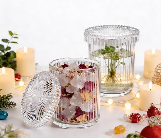 ESEHGS 2 Pack Glass Qtip Holder Dispenser Set - Bathroom Organizer for Cotton Swabs, Balls, Pads, Floss Picks - Clear Apothecary Jars for Vanity, Makeup Storage, Bathroom Accessories Decor (Clear)