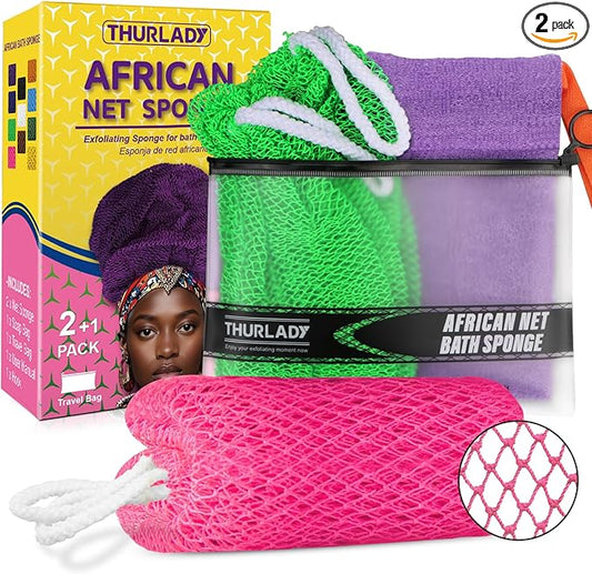 THURLADY African Net Sponge, 2 Pack African Bath Sponge Scrub Net, Gentle Exfoliation for Daily Shower Use, Pink and Green