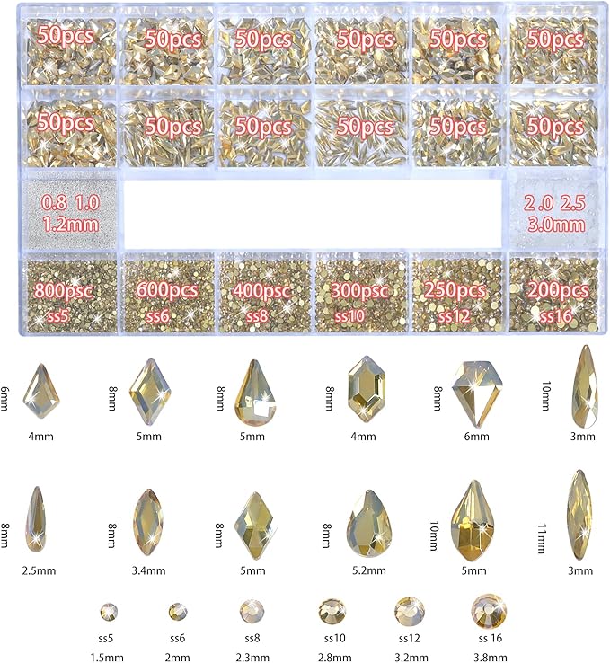 Nail Rhinestones - 3D Multiple Shape Size Gems, Champagne Gold, Manicure Beads, Pearls, Flatback Crystals Rhinestones, with Kit, for Nail Art Decor