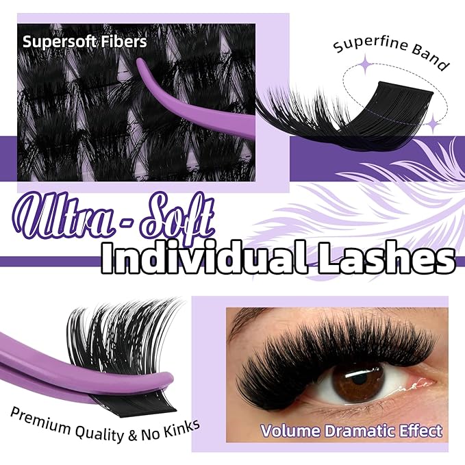B&Q Fluffy Lash Clusters Kit UltraSoft Cluster Eyelash Extensions, 300D Volume Eyelash clusters 10-18mm Lash Extension Kit, D Curl Individual Lashes kit with lash Applicator Tool (300D Set)
