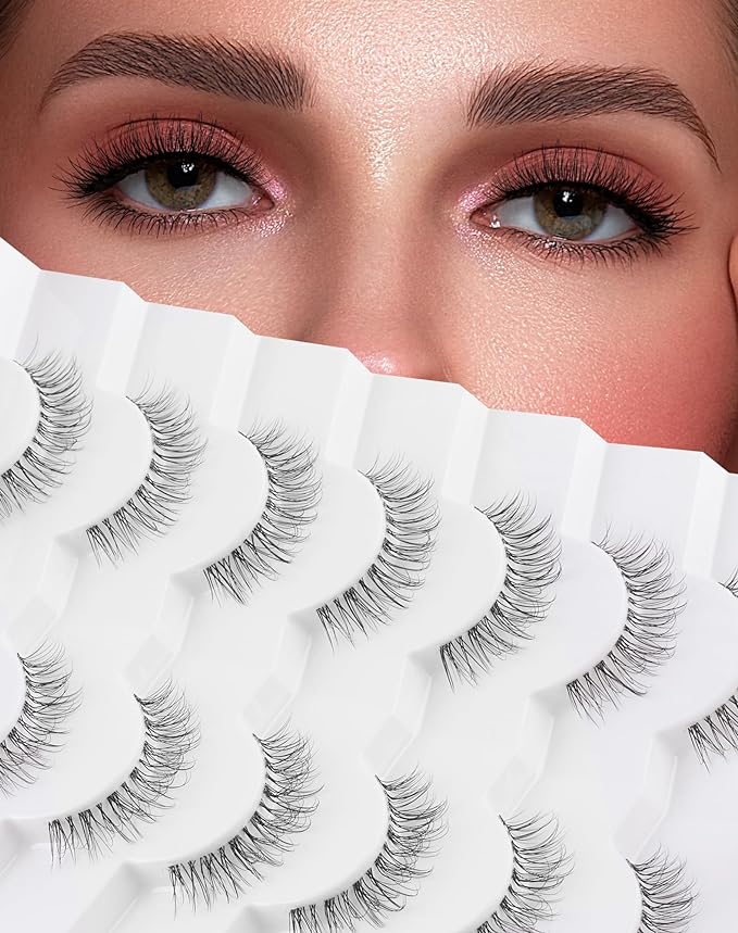 Fairy Strip Lashes That Look Like Extensions Clear Band False Eyelashes Natural Look 3D Volume Lashes Short Wispy Fake Eyelashes Pack 7 Pairs 10MM