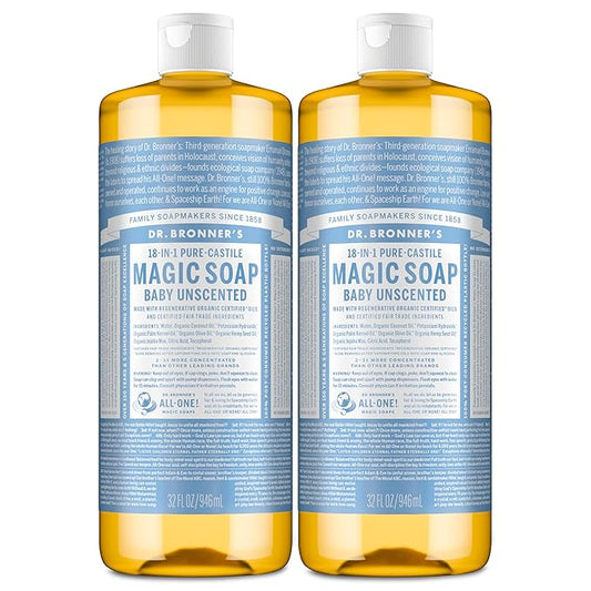 Dr. Bronner's Magic Soap-Pure-Castile Liquid Soap (Baby Unscented, 32 ounce, 2-Pack)-Regenerative Organic Certified Oils, 18-in-1 Uses: Body, Laundry & Dishes, For Sensitive Skin, No Fragrance