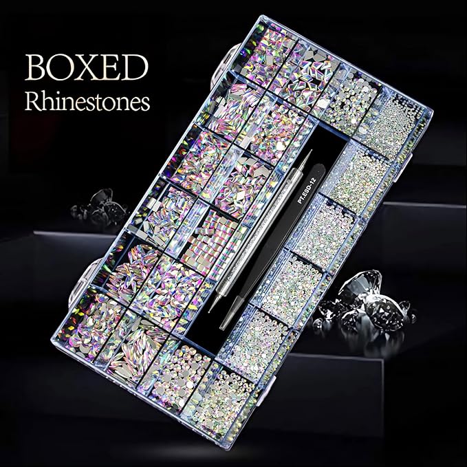 Yzzseven 12 Types of 600 Crystal AB Diamonds + 2500 Flat Rhinestones Mix 20 Styles Flatback DIY Crafts Rhinestone Crystals 3D Ornament‌s Flat Back Stones Set + Tweezers + Drill Pen