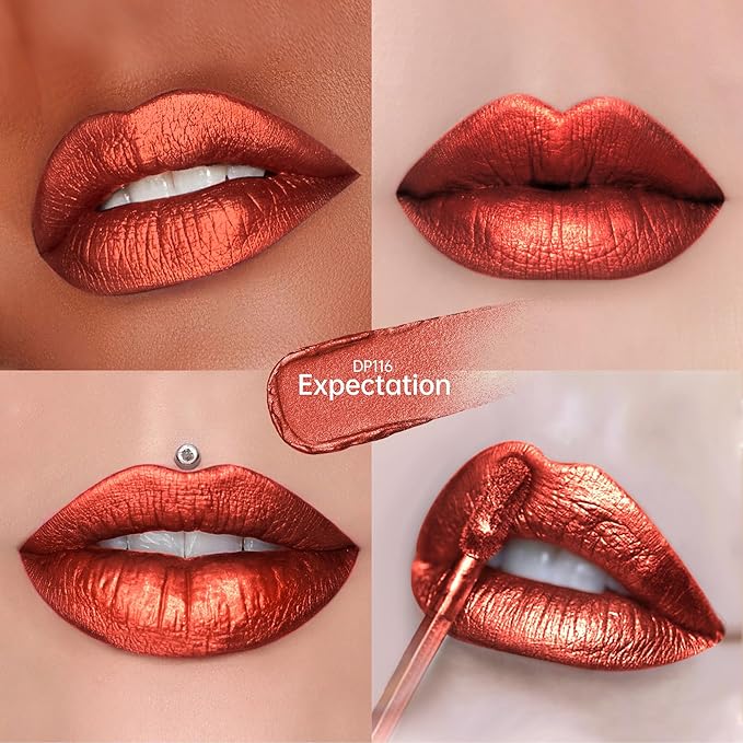 Depuplum Red Lipsticks for Women Metallic Lipstick Long Lasting Non Stick Cup Lip Gloss, Shimmer Lightweight Hydrating Full Coverage Lip Color, DP116 Expectation