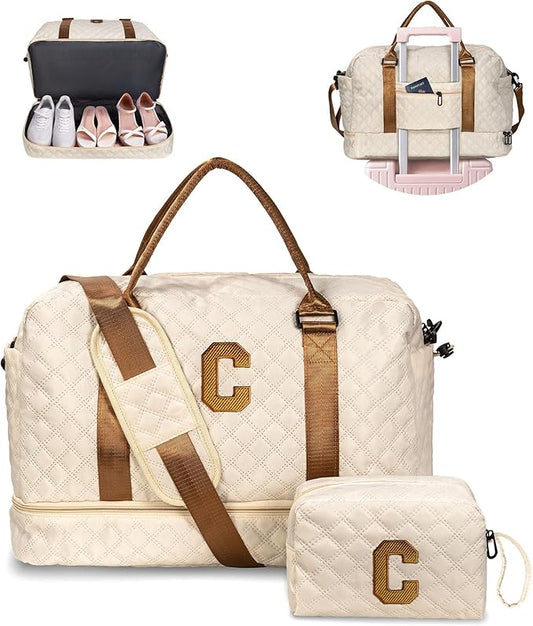 Birthday Gifts for Women-Initial Duffle Bag with Shoe Compartment, Personalized Weekender, Monogram Overnight, Letter Travel Bag with Makeup, Friend Wife Birthday Gift (Letter C)