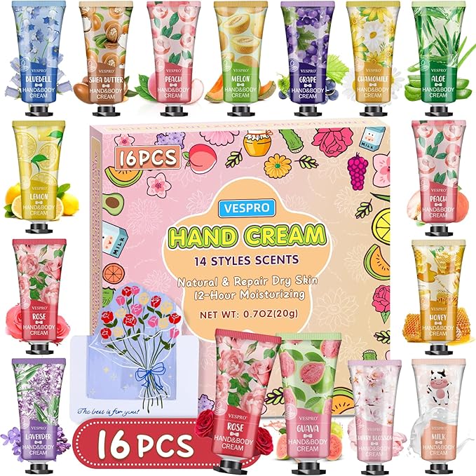16 Pack Hand Cream Set, Valentines Day Gifts, Bridesmaid Gifts, Bulk Hand Lotion Travel Size for Dry Cracked Hands, Mini Hand Lotion for Thank You Gifts and Mothers Day Gifts with a Greeting Card