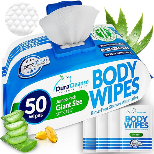 Dura Cleanse Body Wipes for Adults - Everyday Clean (Instant Fresh) - 1 Pack (54 Wipes), XL No-Rinse Bathing Wipes, Disposable Washcloths, Waterless Shower Alternative for Camping & Elderly Care