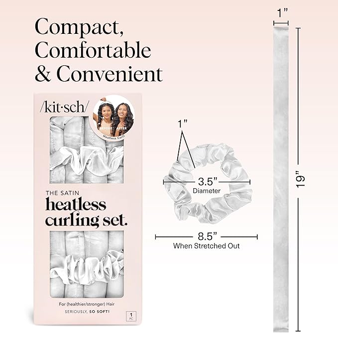 Kitsch Satin Heatless Curling Set – Heatless Curls Overnight with 34" Hair Curler & 2 Satin Scrunchies – Comfortable Hair Curlers to Sleep In for Frizz-Free, No Heat Damage Styling - Ivory