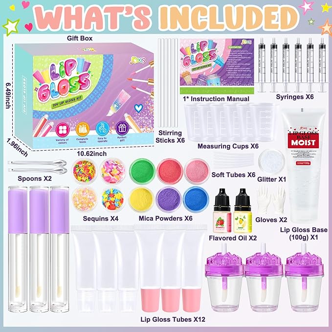 Jcoos Lip Gloss Making Kit, Fun Lip Gloss Kit to Make Your Own Lip Gloss with Moisturizing Lipgloss Base, All-Inclusive Moisturizing Handmade Lip Glaze Supplies Set for Beginner Women
