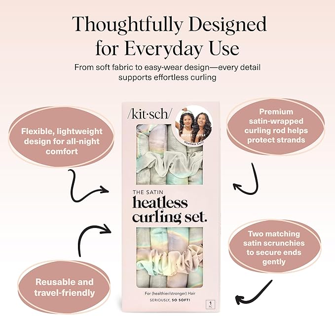 Kitsch Satin Heatless Curling Set – Heatless Curls Overnight with 34" Hair Curler & 2 Satin Scrunchies – Comfortable Hair Curlers to Sleep In for Frizz-Free, No Heat Damage Styling - Aura
