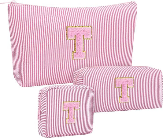 Initial Makeup Bag Cosmetic Bag Bridal Shower Gifts - Bridesmaid Bag,Bridesmaid Proposal Gifts for Wedding Day,Maid Matron of Honor Gift, Bride to be Gifts,Bachelorette Party Favors,3PCS,Pink T