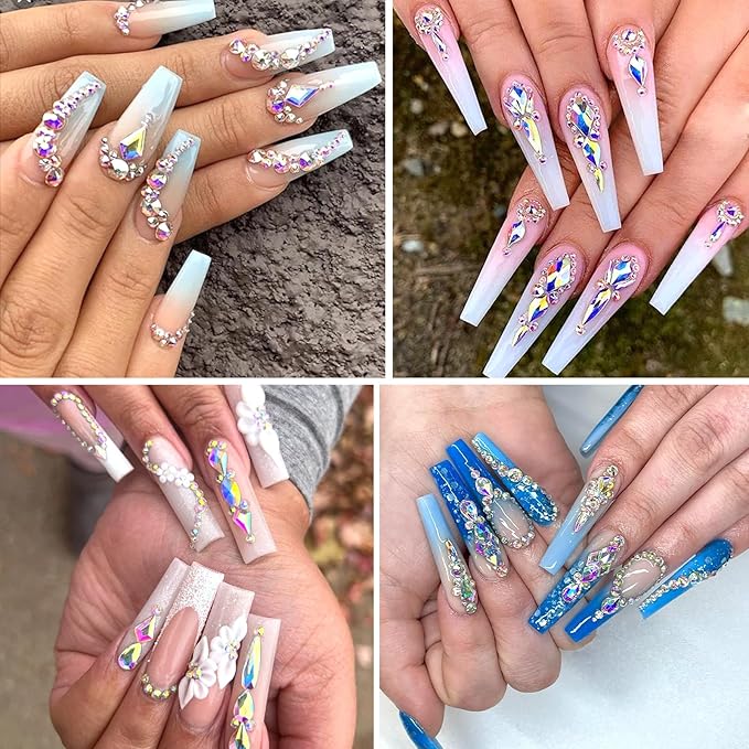 Nail Art Rhinestones - 12 Types of 600 Crystal AB Diamonds, 3D Flatback DIY Pearls, Gems, Beads, Flat Back Stones Set, with Kit, for Nail Art Decor