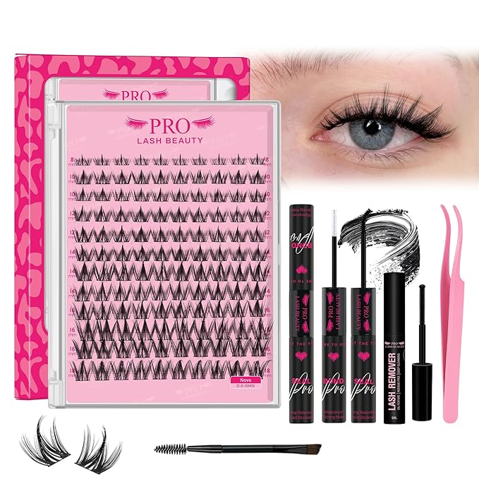 PRO LASHBEAUTY Manga Lash Clusters Kit with Lash Bond and Seal Eyelash Applictor Lash Remover DIY Lash Extension Kit Waterproof Resuable Eyelash Extensions at Home (Nova,8-18mix)
