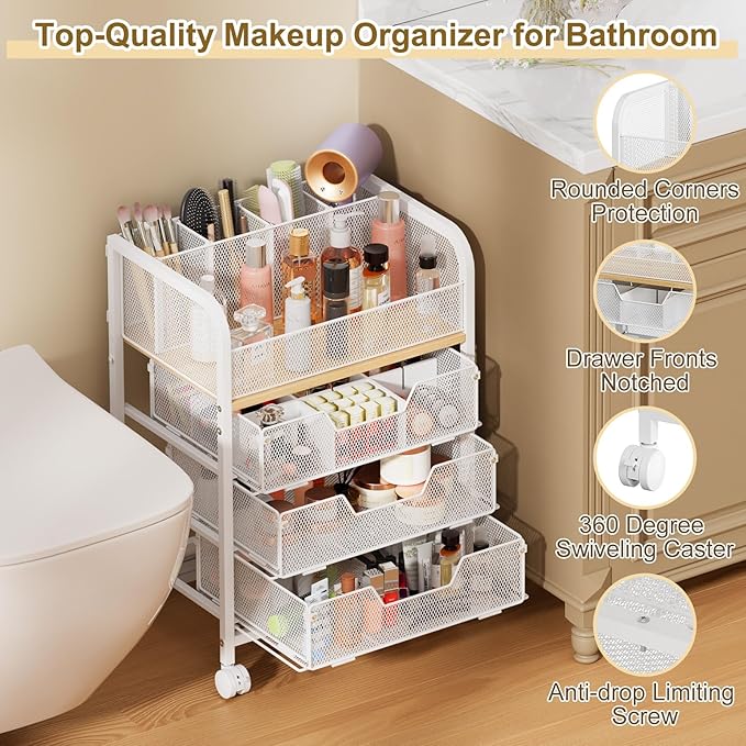 3 Drawers Makeup Cart Organizer with Divider, Under Desk Floor Skincare Organizers, Vanity Storage Organizer Cosmetics Display Cases for Skin Care Perfume Nail Polish, White