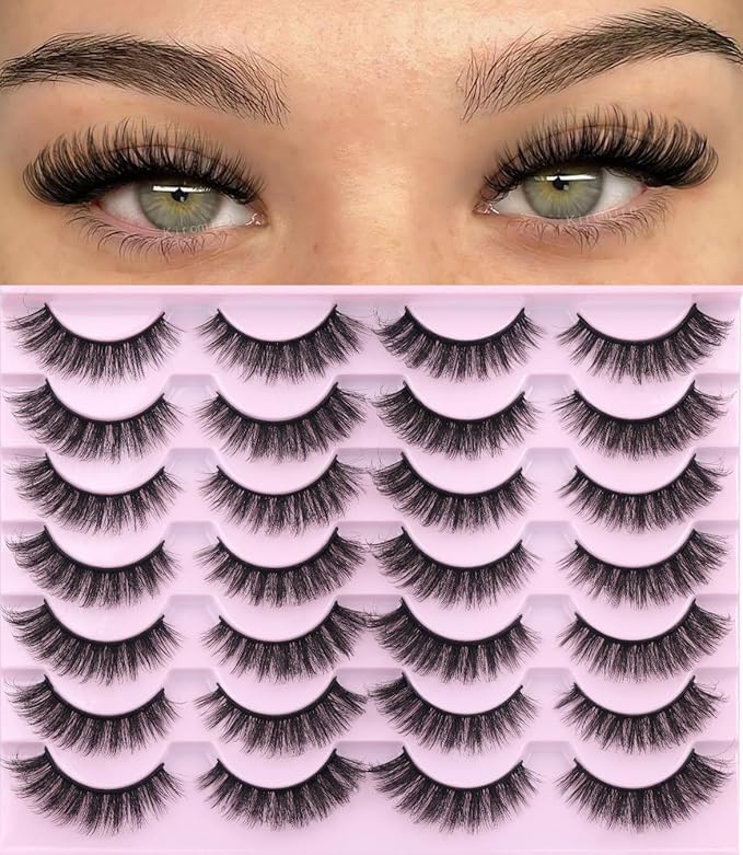 False Eyelashes D-Curl Faux Mink Lashes Fake Lashes Extensions Wispy Lash Soft Russian Strip Eyelashes Pack, 14 Pairs