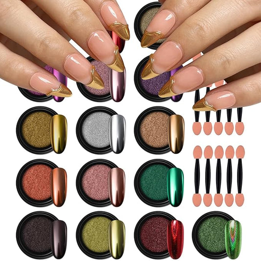 Artdone 16 Jars Chrome Nail Pearl Powder Silver and Gold Mirror Iridescent Aurora Metallic Nail Pigment Pearlescent Mermaid Pigment Pearl Dust Kit, Nail Art Decoration, Acrylic Resin Craft