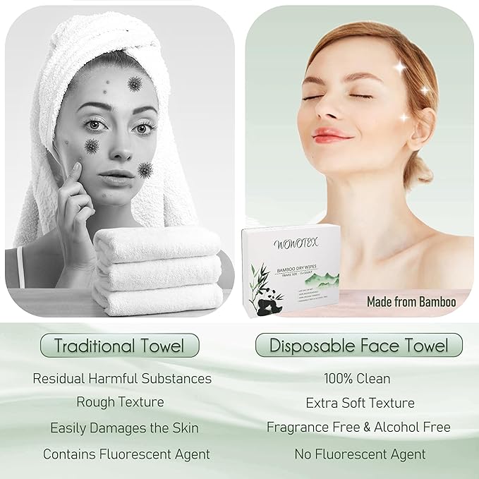 WOWOTEX Travel Size Bamboo Viscose Disposable Face Towel Biodegradable Large Dry Face Wipes 30 Count/2 Box Extra Thick Soft Clean Facial Towels for Facial and Body Cleansing, Travel, Camping
