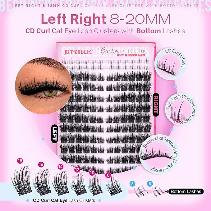 JIMIRE Lash Clusters Wispy Eyelash Clusters Cat Eye Lash Clusters with Spikes 8-18MM Volume Fluffy Cluster Eyelash Extensions with Bottom Lashes Clusters Extension Easy to Apply 144Pcs Pack