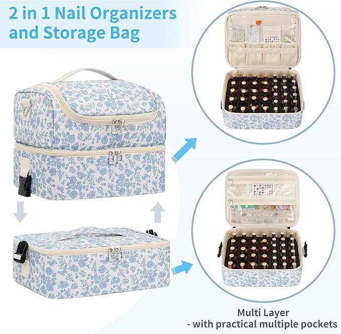 Extra Large Nail Polish Organizer - Three Layer Nail Organizers And Storage Bag, Portable Nail Supplies Organizer Case, Nail Tech Kit Travel Carrying Box with Shoulder Strap (Floral Blue, 86 Slots)