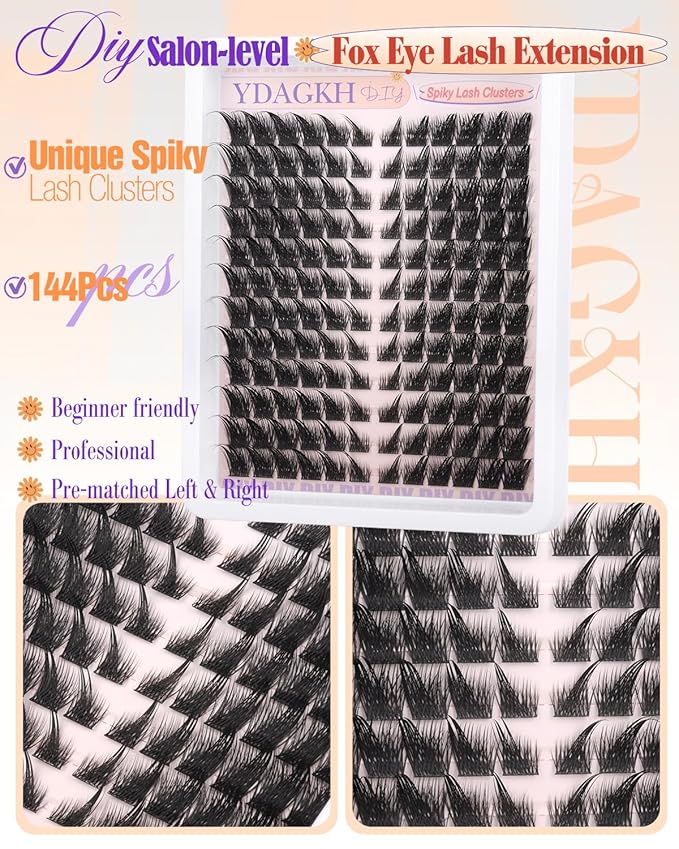 YDAGKH Lash Clusters Fox Eye Spikes Eyelash Extension Wispy Manga Cluster Eyelashes Fairy Spiky Cluster Eyelash Extensions 144Pcs Cat Eye Individuals Lashes Long DIY Volume Anime Lash Extension