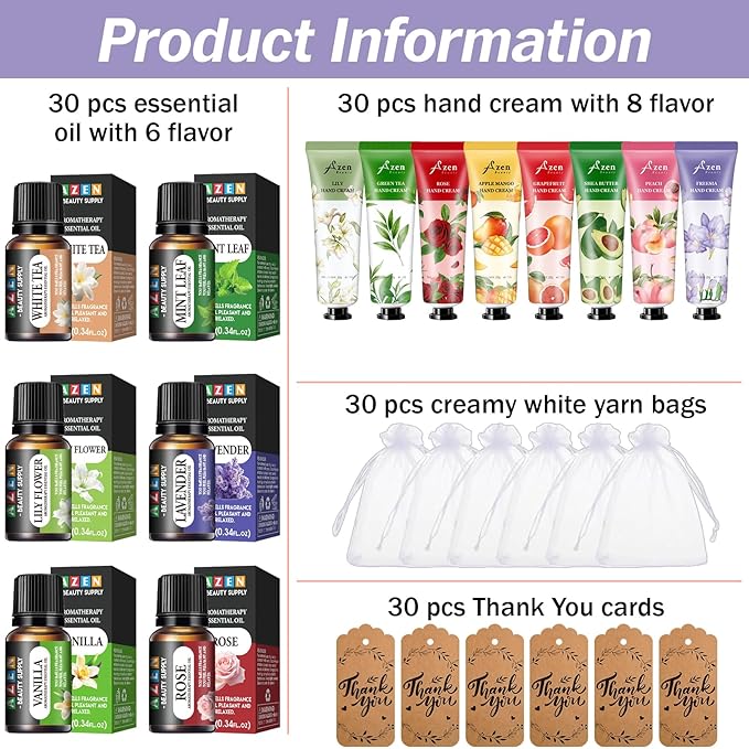 AZEN 30 Sets Bulk Gifts, Hand Cream and Essential Oils Bulk Set with Organza Bag Thank You Card, Baby Shower Wedding Gifts for Guests, Bridal Wedding Favors for Guests,Thank You Gifts for Women