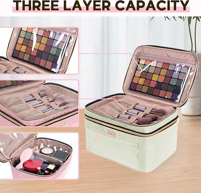 BAFAMYE 8.8L Double Layer Travel Makeup Bag Women, Large Cosmetic Case, Organizer for Travel-Size Accessories Bottles, Brushes, and Skin Care Products, Beige 2.33 GAL