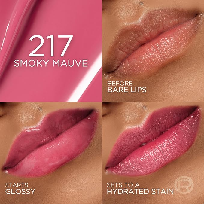 L'Oreal Paris Hyaluron Tint Lip Stain Serum, Long Lasting, Hydrating Lip Makeup Infused with Hyaluronic Acid, 217 Smoky Mauve (Dusky Pink)