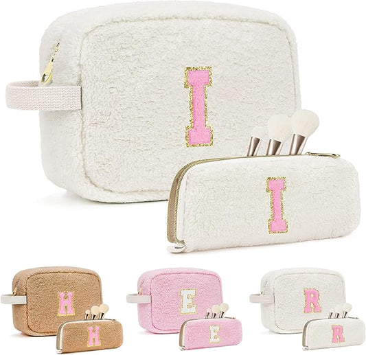 for Valentines Day Gifts, Travel Makeup Bag for Women, Initial Make Up Bag Set for 6 7 8 9 10 11 12 13 Years Old Kids Tween Girls, Large Cosmetic Skincare Bags for Birthday Gifts, White I