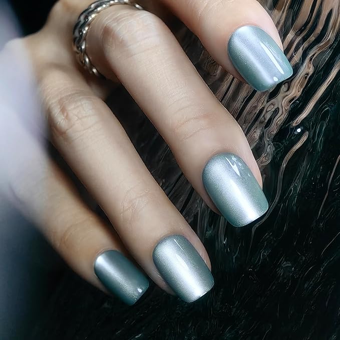 Okiyomi Blue Press on Nails - Sea Foam Cat Eye Press on Nails | Magnetic Turquoise Shimmer | Short Ballerina Squoval Shape | 15 Sizes - 30 Soft Gel Fake Nails with Glue and Stick On Tabs