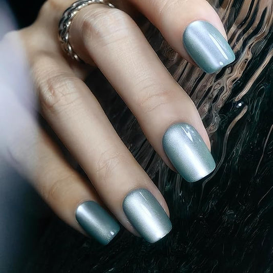 Okiyomi Blue Press on Nails - Sea Foam Cat Eye Press on Nails | Magnetic Turquoise Shimmer | Short Ballerina Squoval Shape | 15 Sizes - 30 Soft Gel Fake Nails with Glue and Stick On Tabs