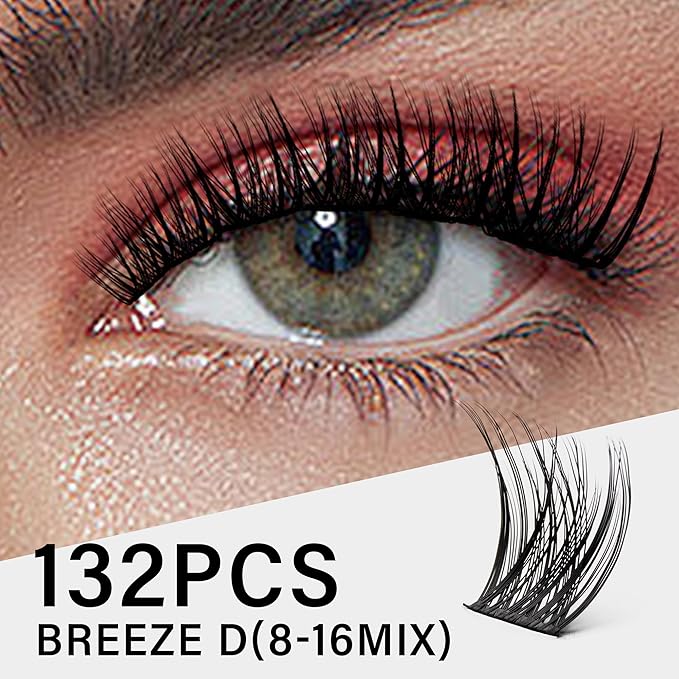 VYRILA Lash Clusters 8-16mm, False Eyelashes 132pcs, Cluster Eyelash Extensions Matte Black Soft, Diy Lash Extensions D Curl Natural Lash Clusters Faux Mink Lashes Wispy（Breeze,132pcs,0.07,D,8-16MIX)