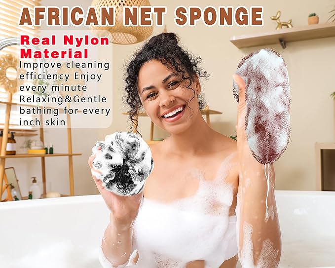 2 Pack African Net Sponge Exfoliating Scrubber Bath Sponge for Daily Use (Black+Dark Brown)