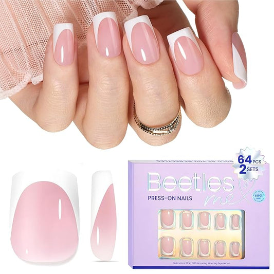Beetles Short Squoval French Tip Press On Nails, 16 Sizes 64 Pcs Pink Squoval Shape Short Square Press On Nails Fake Nails Extensions Gel Nail Tips Nail Art DIY Manicure Gifts for Women