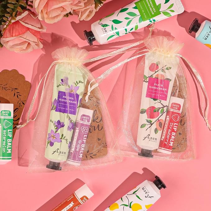 AZEN 120 Sets Bulk Gifts, Hand Cream and Lip Balm Bulk Set with Organza Bag Thank You Card, Baby Shower Wedding Gifts for Guests, Bridal Wedding Favors for Guests,Thank You Gifts for Women