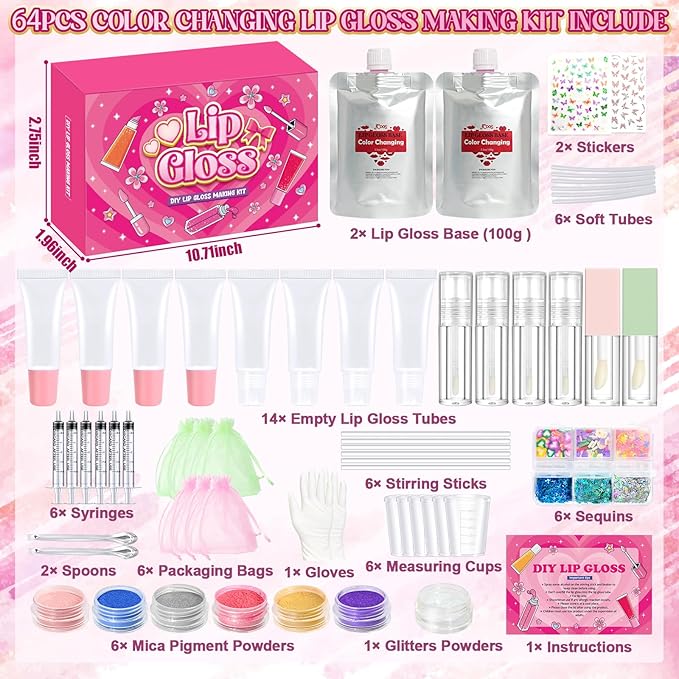 Jcoos 64PCS DIY Lip Gloss Making Kit, DIY Lip Glosses Set to Make Your Own Lip Stick, Fun Craft Makeup Lipglosses, All-Inclusive Moisturizing Handmade Lip Glaze Supplies Set for Beginner Women Girls