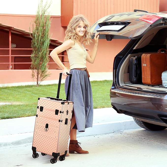 Karl home Rolling Makeup Case with Wheels & 2 Drawers, 3 in 1 Large Capacity Trolley Makeup Travel Case, Professional Cosmetology Lockable Travel Cosmetic Storage Train Cases, Champagne Gold