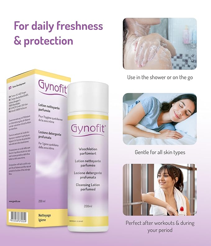 Gynofit Cleansing Lotion (perfumed) – Ensures balanced pH value for Vaginal Health – Protects the Vaginal Skin from drying out & prevents irritation – suitable for long-term, daily use (6.76 Fl Oz)