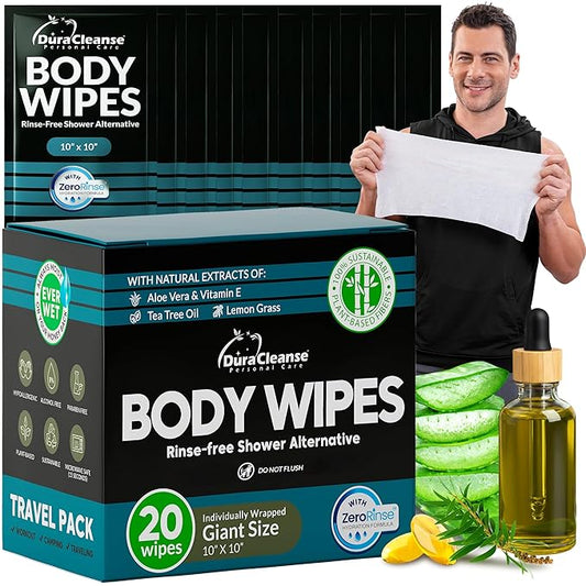 Dura Cleanse Travel Body Wipes -Maximum Cleaning Power (Ultra Clean) - 20 Count, XL 10”x10” Individually Wrapped No-Rinse Shower Wipes for Men & Adults, Gym, Work, Camping & Travel