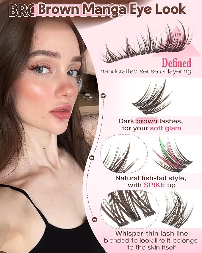 Goddvenus Brown Manga Lash Clusters Kit Natural Cluster Eyelash Extensions Kit CD Curl Wispy Fairy Eyelashes Clusters Anime Individual Lashes 180pcs