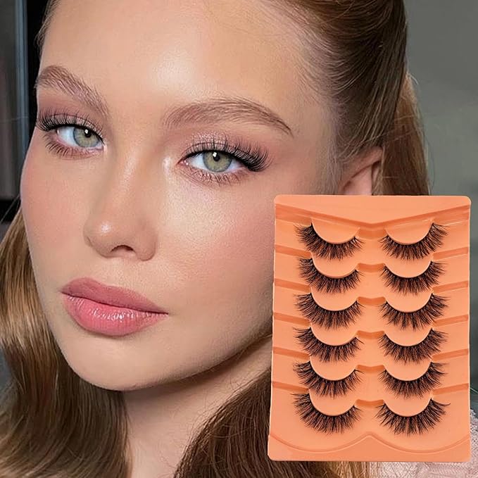 False Eyelashes Natural Look Wispy Fake Lashes Yasnai 8-14mm Short Cat Eye Lashes Volume Lashes Strips Lashes Natural Eyelashes Clear Band 6 Pairs Pack