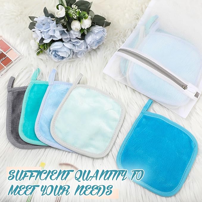 VitalCozy 10 Pack Makeup Remover Cloths, Makeup Remover Towels Reusable Face Cloth Eraser for Washing Face Microfiber Washcloth for Women Cleansing Just Water with Mesh Bag(Blue Colors)